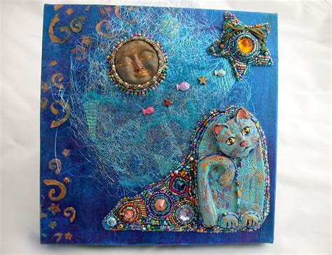 Blue Cat Dreaming Mixed Media Canvas With Bead Embroidery Hand Made