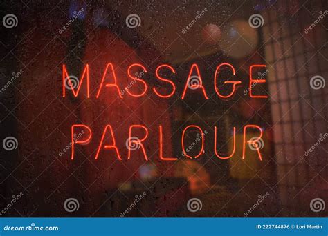 Vintage Neon Sign In Window Massage Parlour Stock Photo Image Of