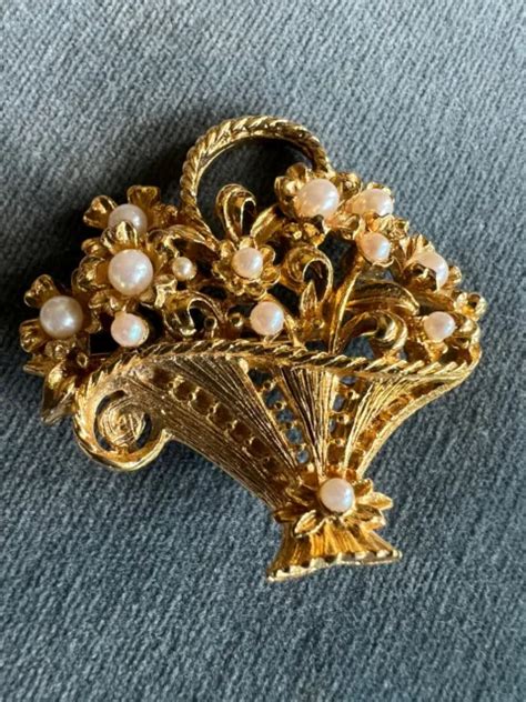 VINTAGE FLOWER BASKET Brooch Pin Faux Pearls PicClick