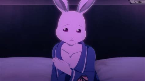 An Animated Rabbit Sitting On Top Of A Bed In Front Of A Dark Room With Purple Walls