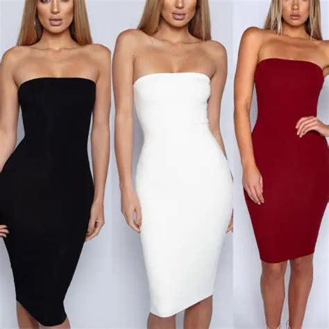 Women Sexy Sleeveless Solid Boob Tube Top Dress Evening Party Stretch Pencil Knee Length Dresses