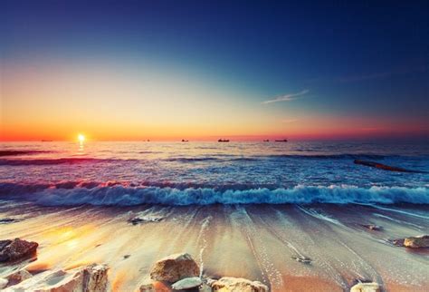 Laeacco Sea Beach Stones Wave Sunset Boats Scenic Photography