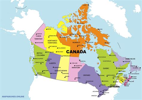 Mapa de Canadá Político Físico Descargar Colorear Mudo