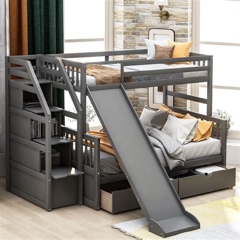 Twin Over Full Bunk Bed With Drawers Storage And Slide Cool Toddler Beds