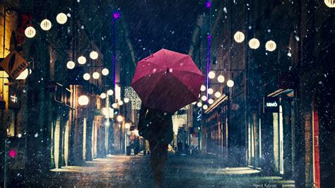 Silhouette Umbrella Night City Rain Street City Lights 4k Hd