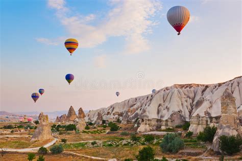 Hot Air Balloon Flying Over Cappadocia Turkey Stock Image