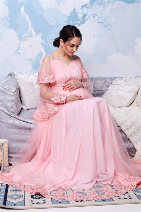 Long Pink Lace Maternity Dress Baby Shower Dress Maternity Etsy