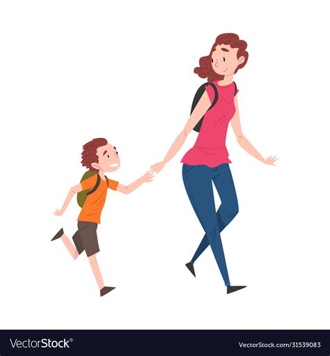 mom and her son walking together holding hands vector image