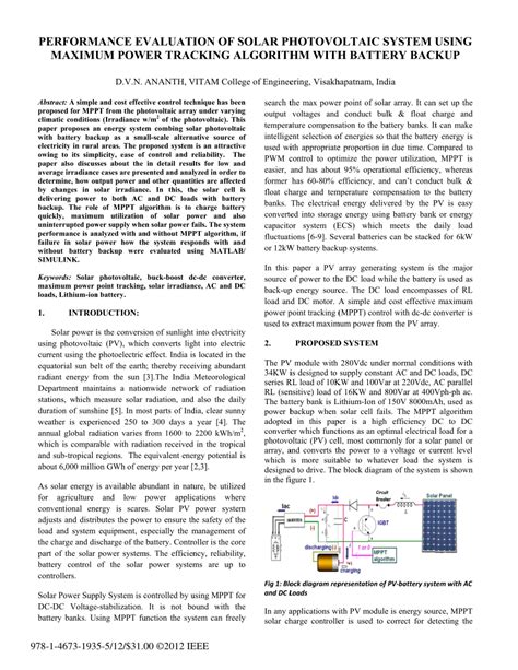 Pdf Performance Evaluation Of Solar Photovoltaic System Using Maximum Power Tracking Algorithm