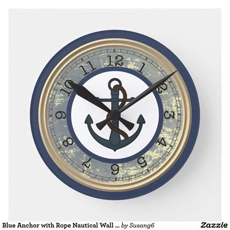Blue Anchor With Rope Nautical Wall Clock Nautical Wall