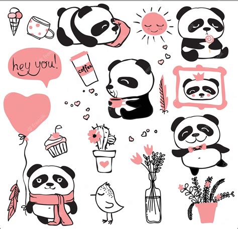 Premium Vector Set Of Hand Drawn Panda Doodles Panda Bear In