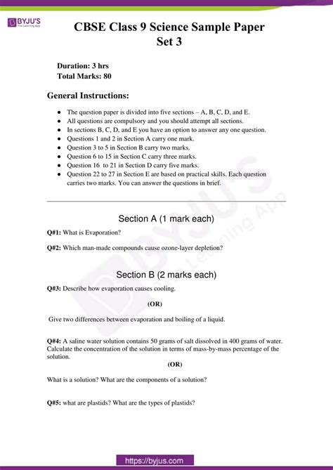 Cbse Sample Paper Class 9 Science Set 3 Click To Download Pdf