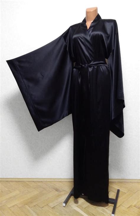 Pure Silk Kimono Robe Long Black Long Satin Robe Gift For Etsy In