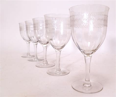 Vintage Needle Etched Wine Glasses Set Of 5 Clear