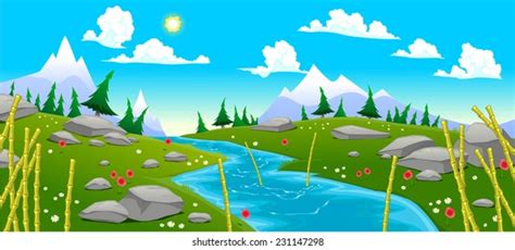 Mountain Landscape River Cartoon Vector Illustration Stock Vector