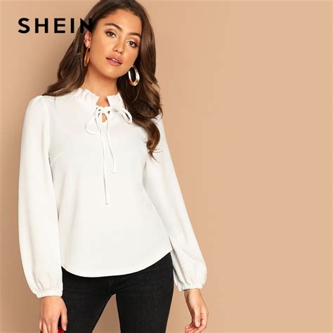 Buy Shein White Workwear Elegant Tie Neck Frill Trim