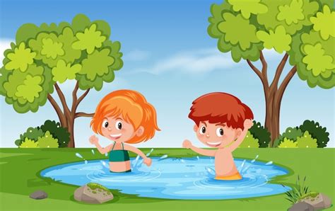 Niño Y Niña Jugando En El Agua Vector Premium