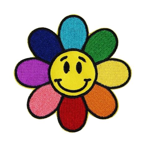 Rainbow Flower Smiley Face Patch Hippie Happy Cute Embroidered Etsy