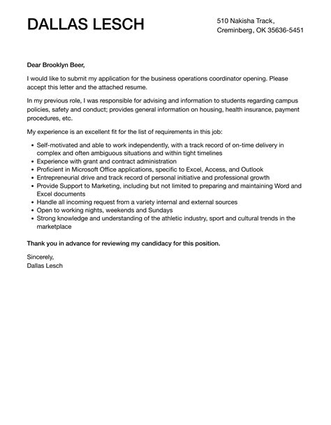 Business Operations Coordinator Cover Letter Velvet Jobs