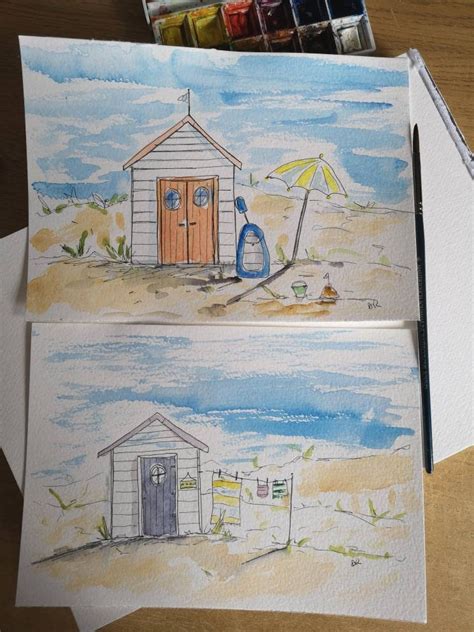 2 Original Beach Huts Watercolour Pen Drawing Paintings Etsy