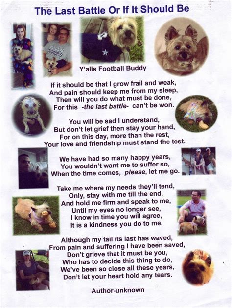 Pet loss grief poem 'the last battle', one of the most well known of the pet loss poems, is a poem about that inevitable time we all know we have to face but secretly dread. Great Escape from NJ: Tissue Alert