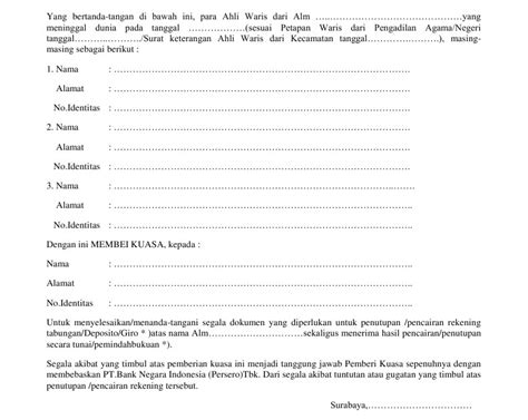 Dilansir dari hukumonline.com, surat keterangan ahli waris untuk warga negara indonesia (wni) asli, dibuat dengan ditandatangani dua orang saksi, disahkan lurah. Contoh Surat Kuasa Ahli Waris Untuk Bank Bri - Barisan Contoh