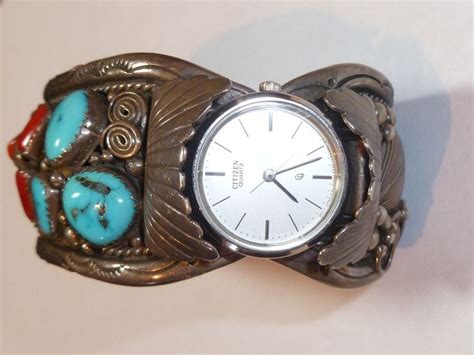 Vintage Sterling Turquoise Coral Bangle Watch By Rc Rose Castillo