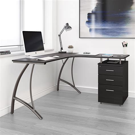 Techni Mobili Modern L Shaped Computer Desk With File Cabinet And