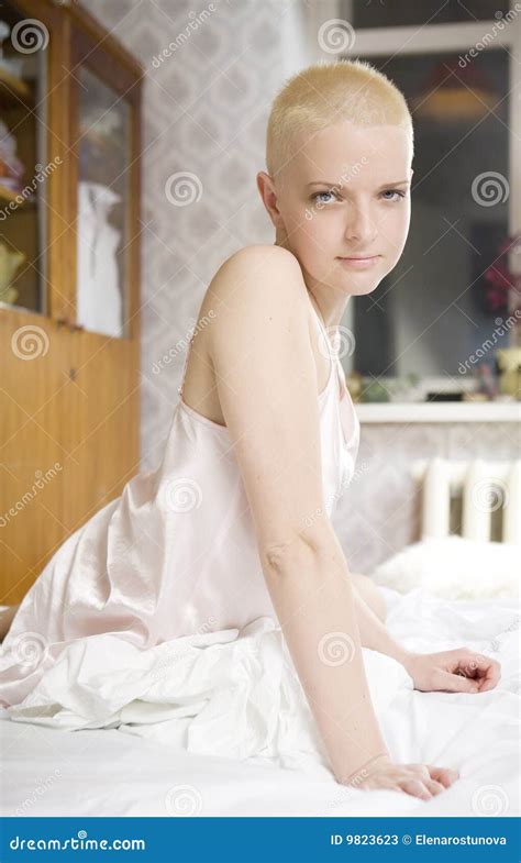 Blond Bald Woman Sitting At Bed Stock Image Image Of Cloth Bedroom