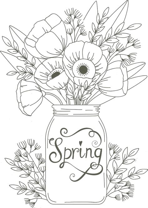 Spring Mason Jar Floral Coloring Page With Free Pages Flowers Printable