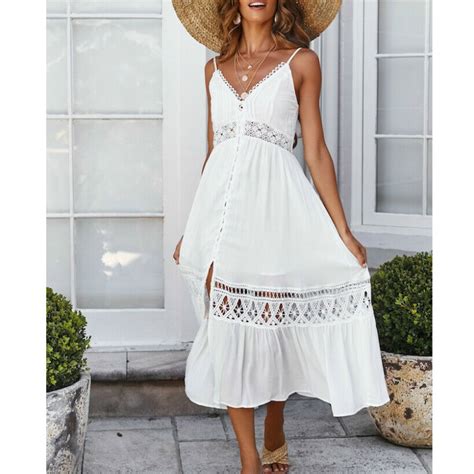2019 New Summer Boho V Neck Long Dress White Beach Style Sundress