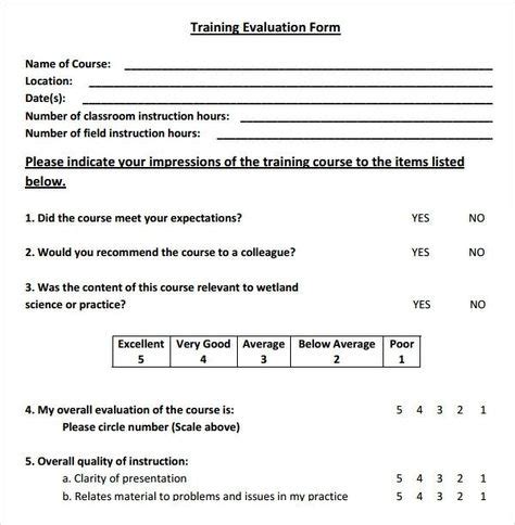 training evaluation form template   training evaluation form