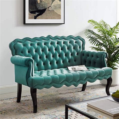 Adorable French Teal Tufted Sofa With Scalloped Edges Cabriole Legs And Velvet Upholstery