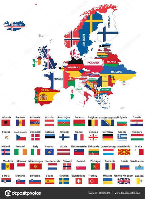Europakarte Mit Ländern Nationalflaggen Gemischt Alle Europäische