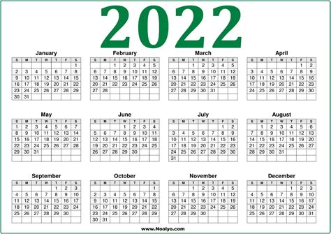 Green 2022 Calendar Printable A4 Size Noolyo Com Calendars Printable