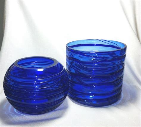 Cobalt Blue Glass Round Hand Blown Bowls Vases Home Decor 2 Ebay