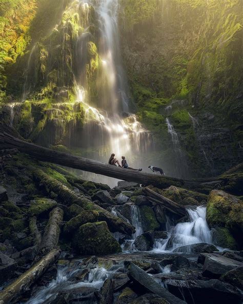 Two People Are Sitting On A Log In Front Of A Waterfall With Water