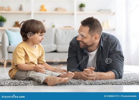 Dad And Son Communication Positive Little Boy Talking With His