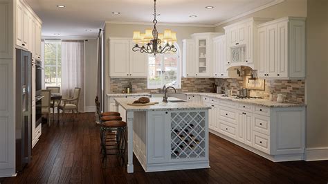 Two pendant lights hang above the expansive island with seating for four guests. Tahoe White RTA (Ready to Assemble) Kitchen Cabinets Online