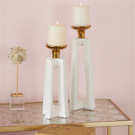 Cosmoliving By Cosmopolitan Tall Gold And White Stone Modern X Shaped Candle Holders Set Of 2 5