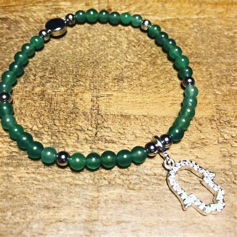 Jade Semi Precious Bead Bracelet With Crystal Hamsa Hand Charm Etsy