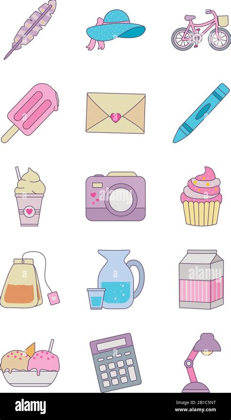 Cute Objects Line And Fill Style Icon Set Design Ornament Art Cute