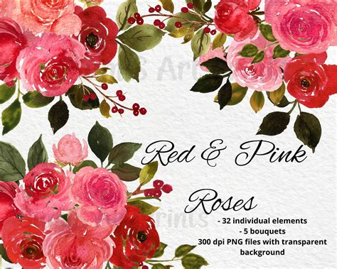 Watercolor Red Roses Png Pink Rose Bouquet Peach Red Floral Clipart