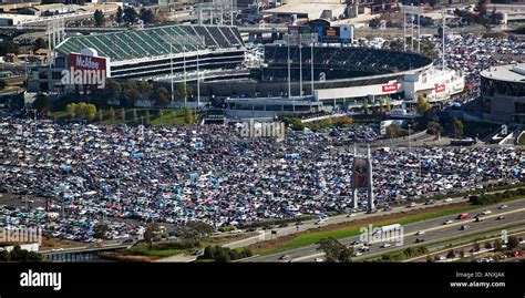 Aerial Above Tailgating Crowd Before Oakland Raiders Football Game At
