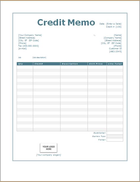 credit memo word excel templates