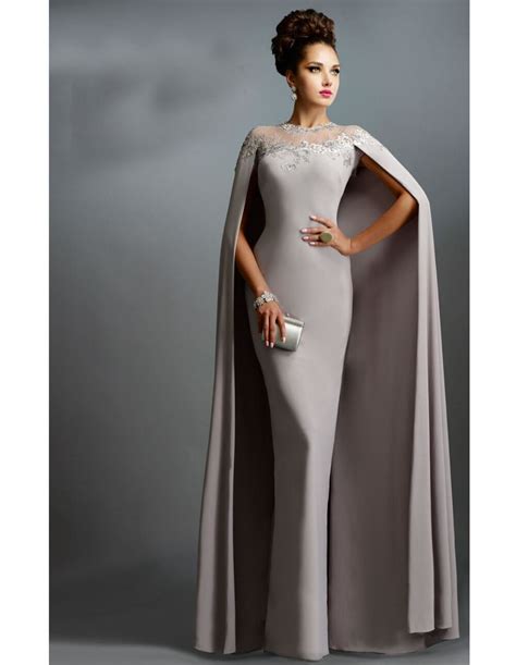 Real Photos Elegant Silver Sheath Evening Dresses Long With Cape High