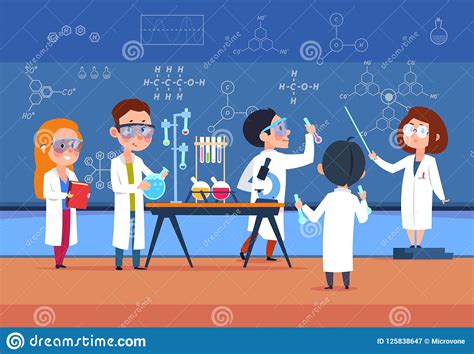 School Kids In Chemistry Lab Children In Science Laboratory Make Test