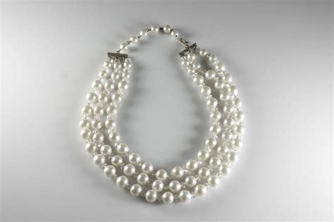 Faux Pearl Choker Necklace Triple Strand Hook Clasp White Crystal Spacers Costume Jewelry