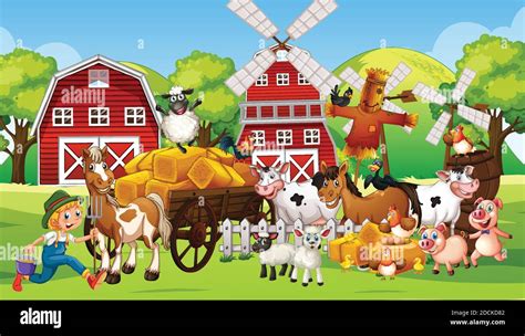 Farm Scene In Nature With Barn And Windmill And Animal Farm