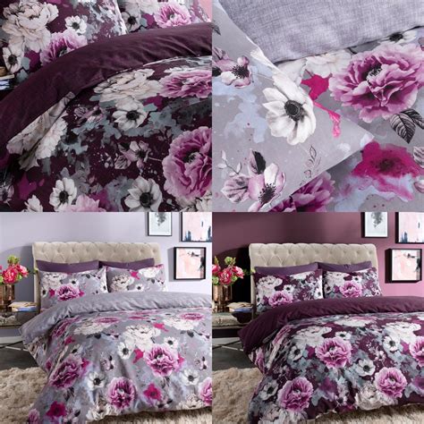 Inky Floral Grey And Purple Duvet Cover Single Double King And Superking